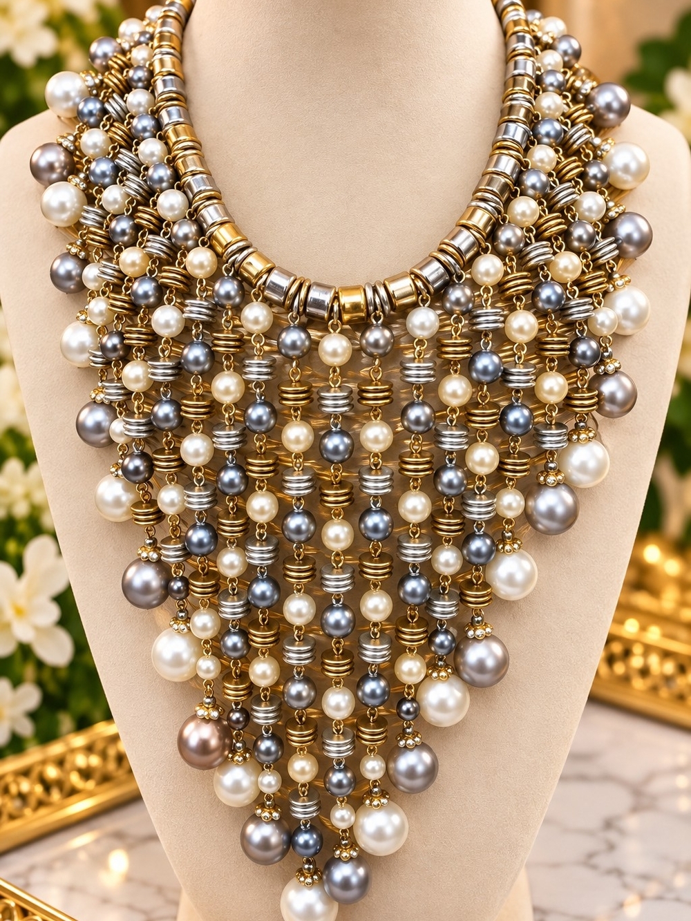 Pearl Cascade Statement Necklace in Gold, White & Gray 170